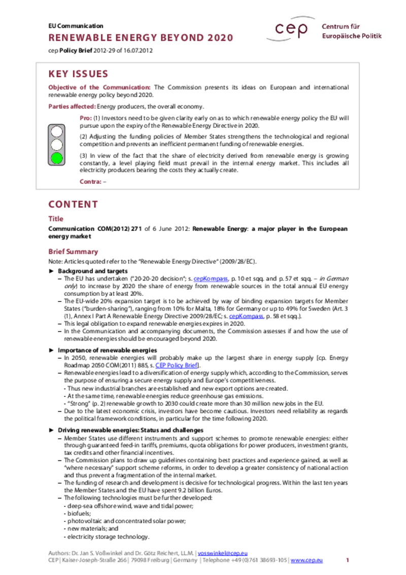 Renewable Energy beyond 2020 COM(2012) 271