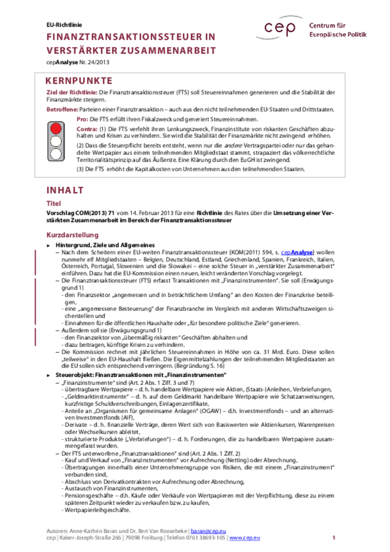 Finanztransaktionssteuer in verstärkter Zusammenarbeit COM(2013) 71