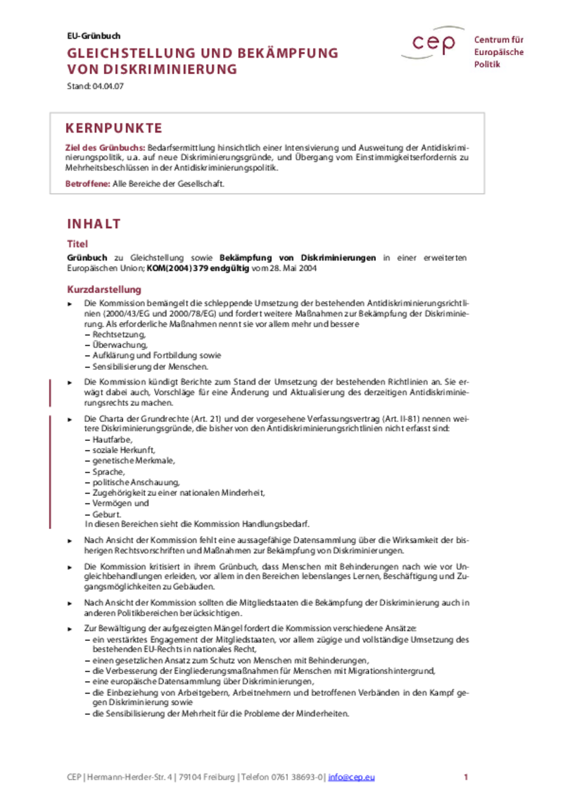 Gleichstellung sowie Bekämpfung von Diskriminierungen KOM(2004) 379