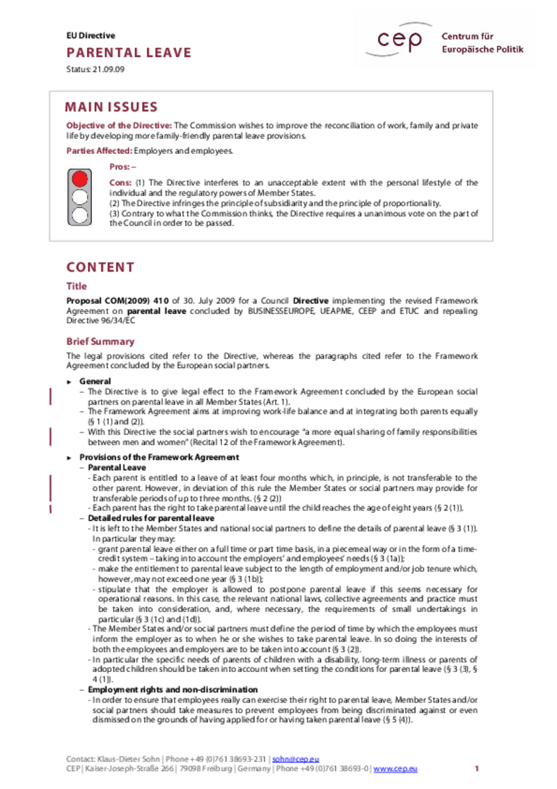 Parental Leave COM(2009) 410