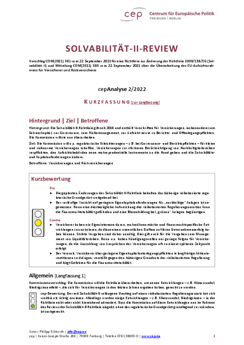 Solvabilität II Review (cepAnalyse Kurzfassung)
