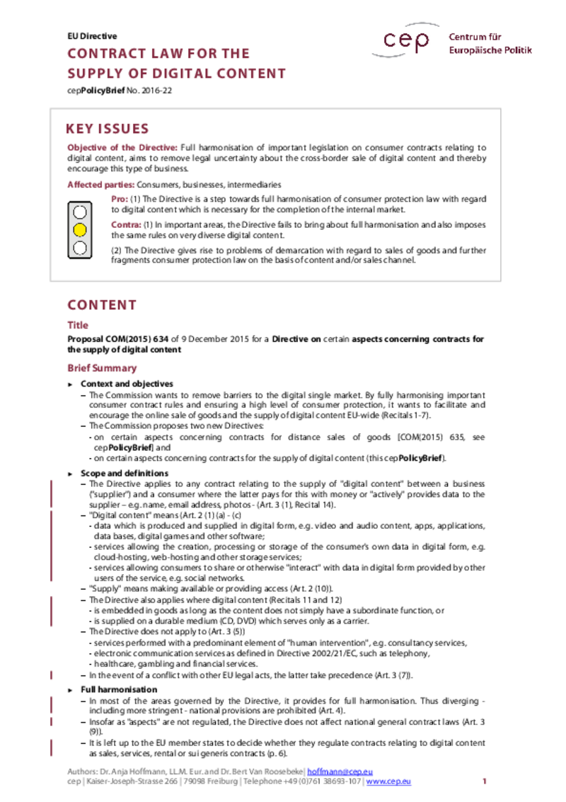 Contract law for the supply of digital content COM(2015) 634