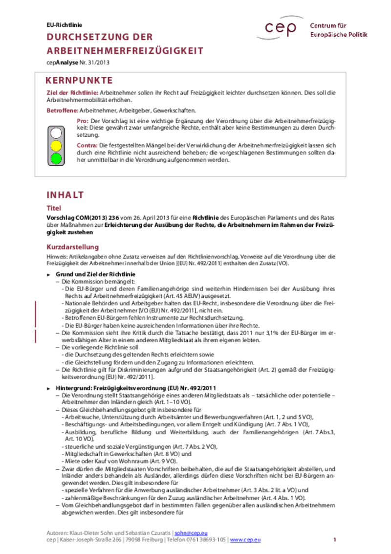 Durchsetzung der Arbeitnehmerfreizügigkeit COM(2013) 236