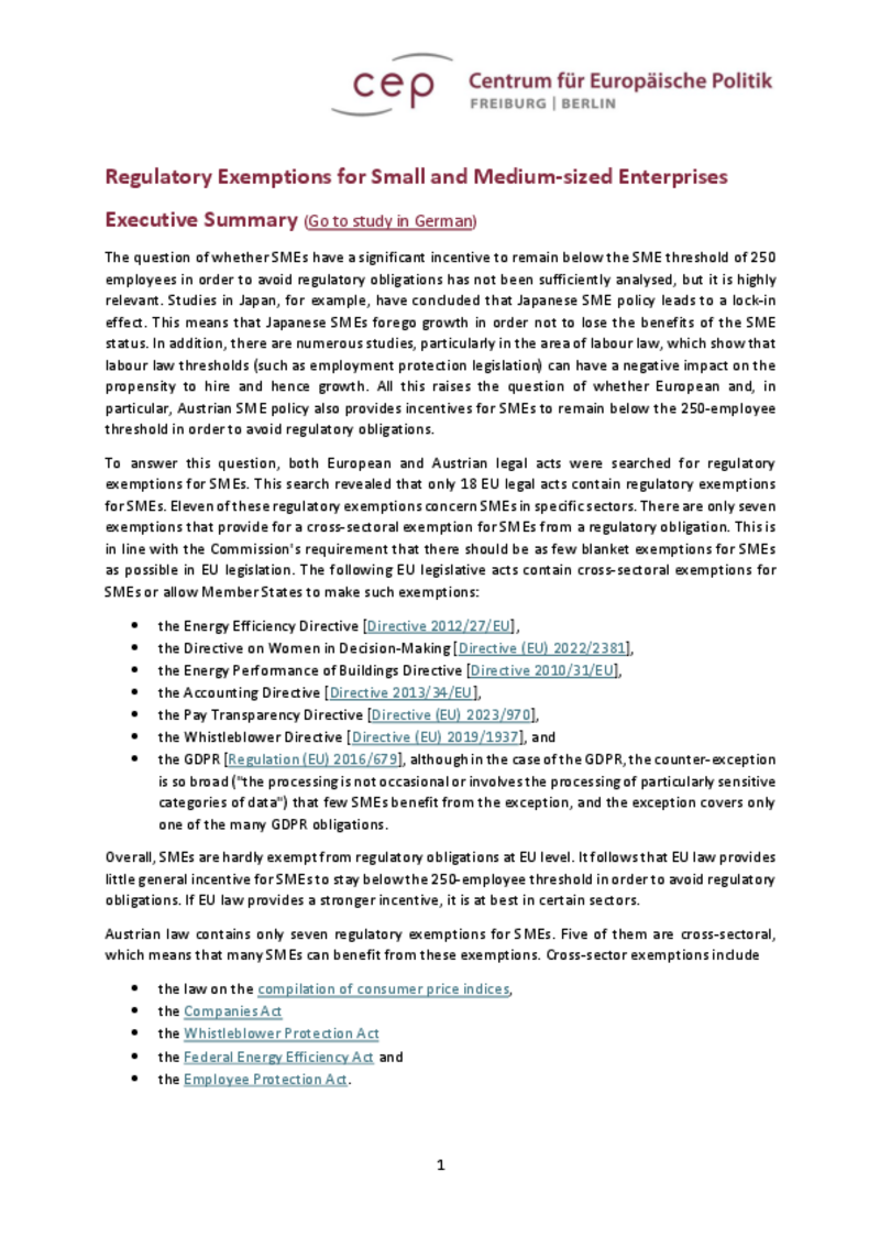 Regulatory Exemptions for Small and Medium-sized Enterprises (Executive Summary)