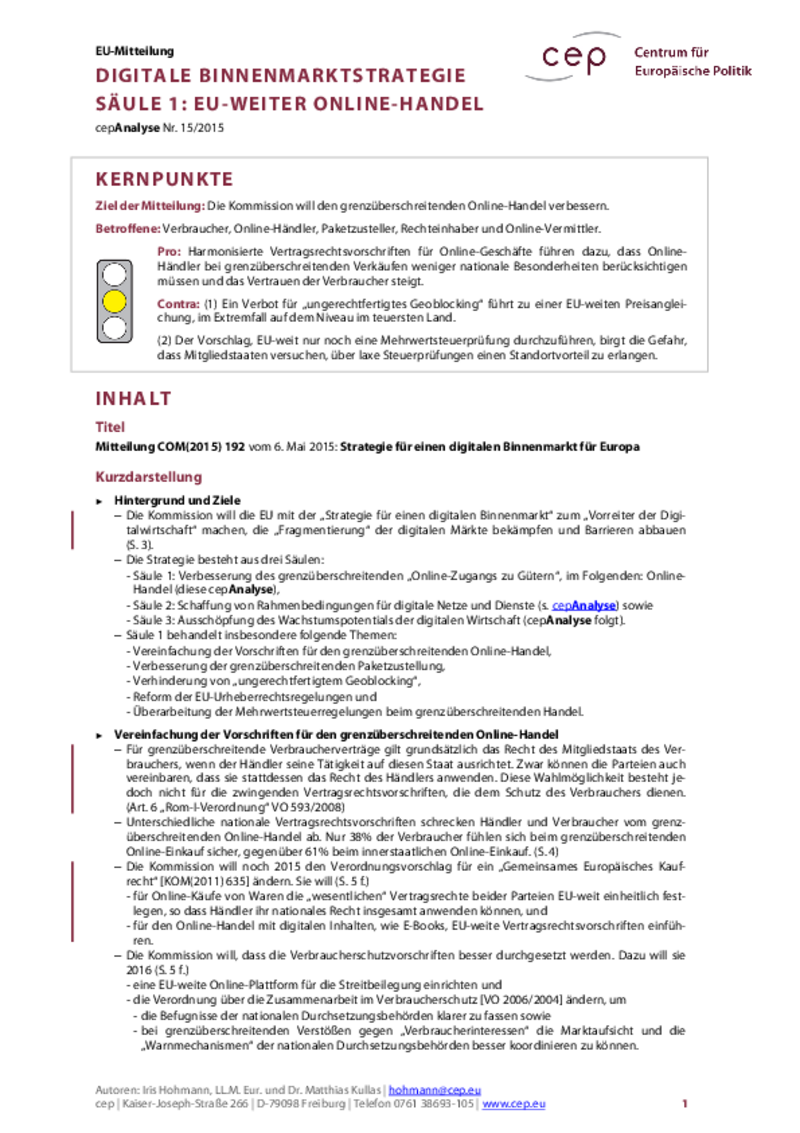 Digitale Binnenmarktstrategie – Säule 1 COM(2015) 192