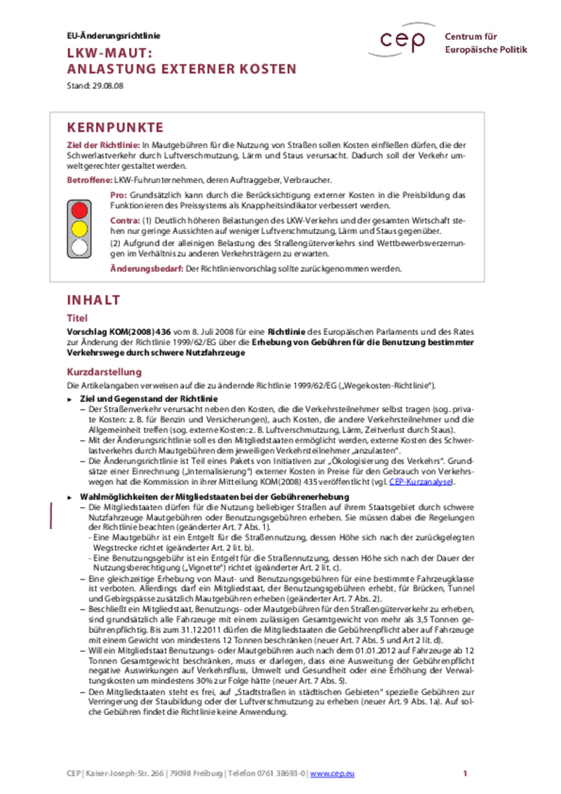 LKW-Maut: Anlastung externer Kosten KOM(2008) 436