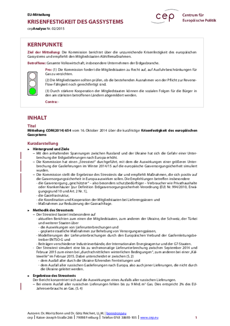 Krisenfestigkeit des Gassystems COM(2014) 654