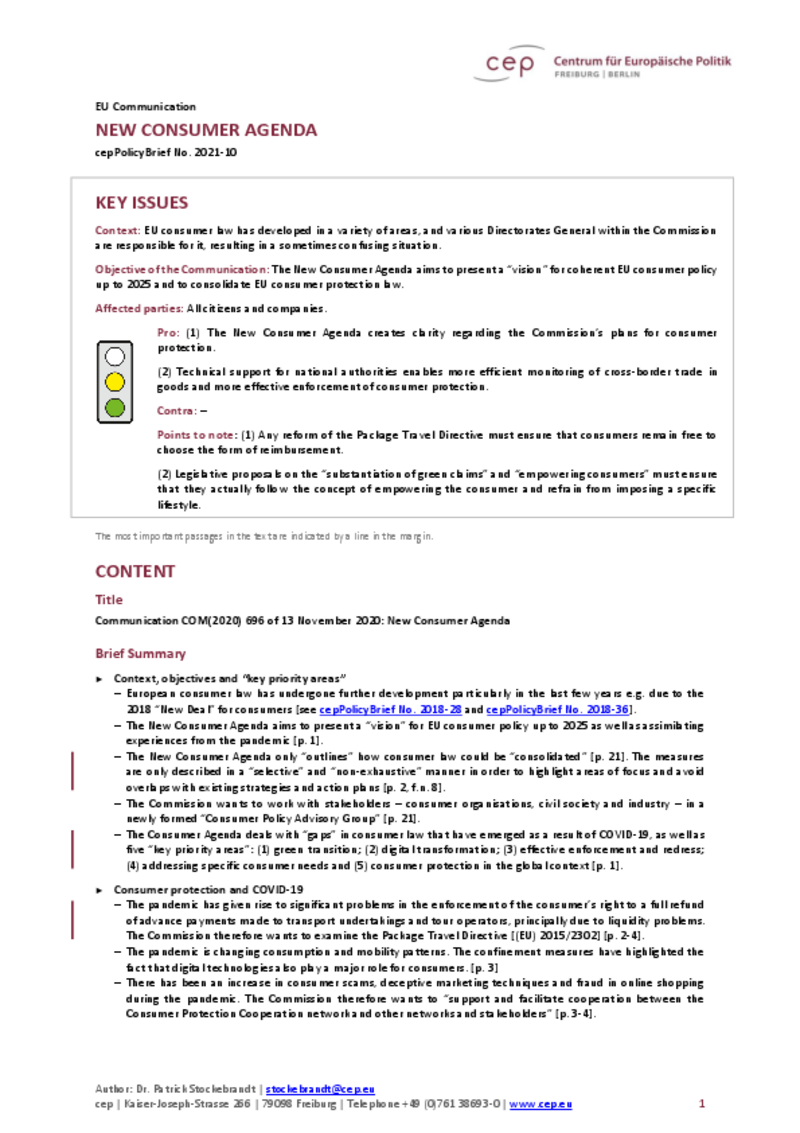 New Consumer Agenda (cepPolicyBrief COM2020_696)