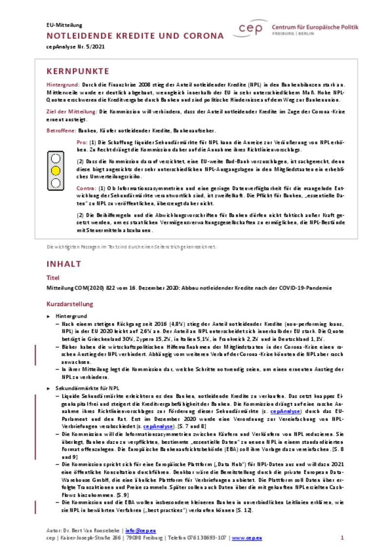 Notleidende Kredite und Corona (cepAnalyse zu COM(2020) 822)