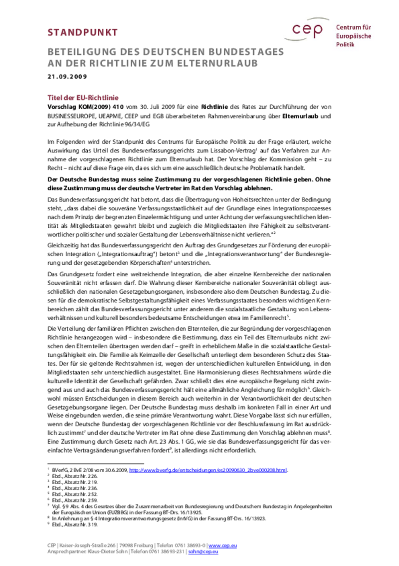 Standpunkt: Beteiligung des deutschen Bundestages an der Richtlinie zum Elternurlaub