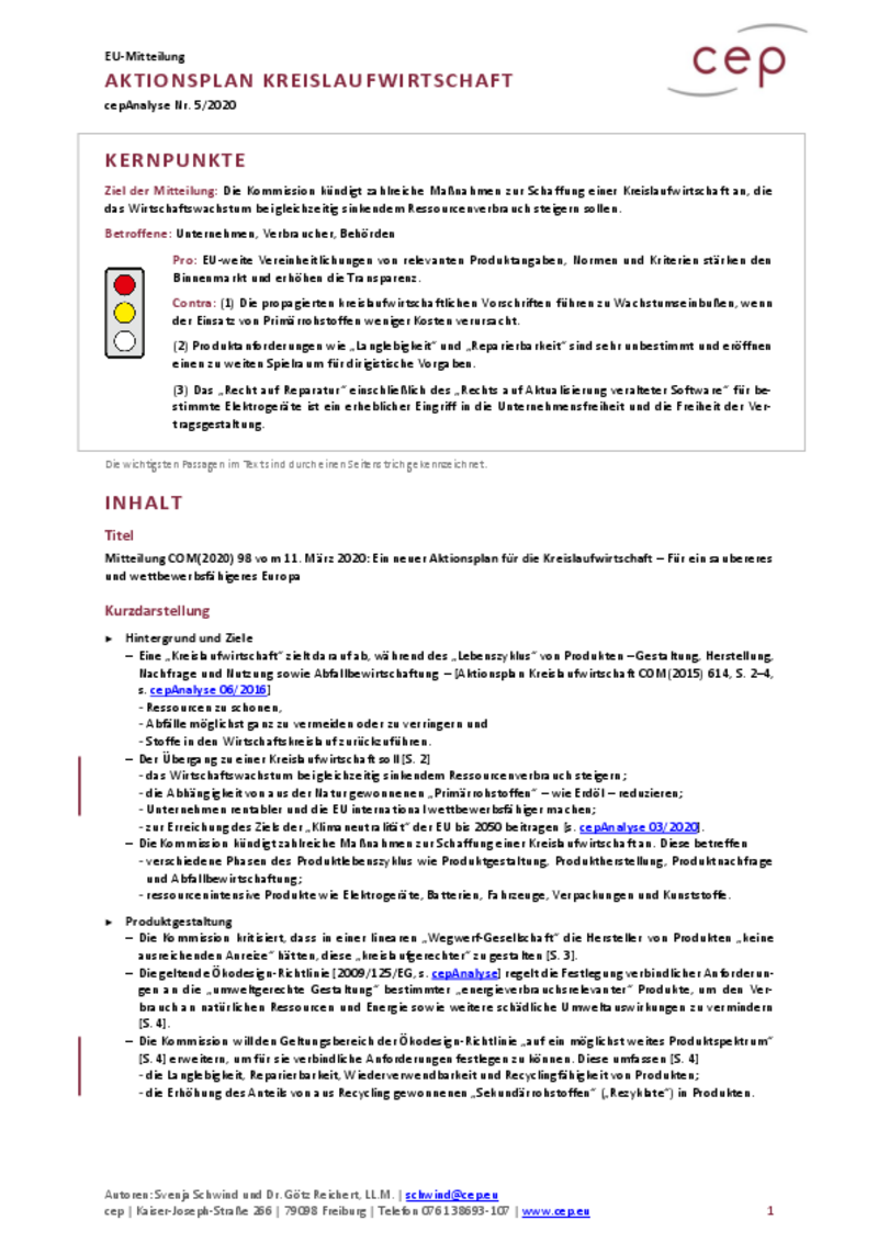 Aktionsplan Kreislaufwirtschaft (cepAnalyse zu Mitteilung COM(2020) 98)