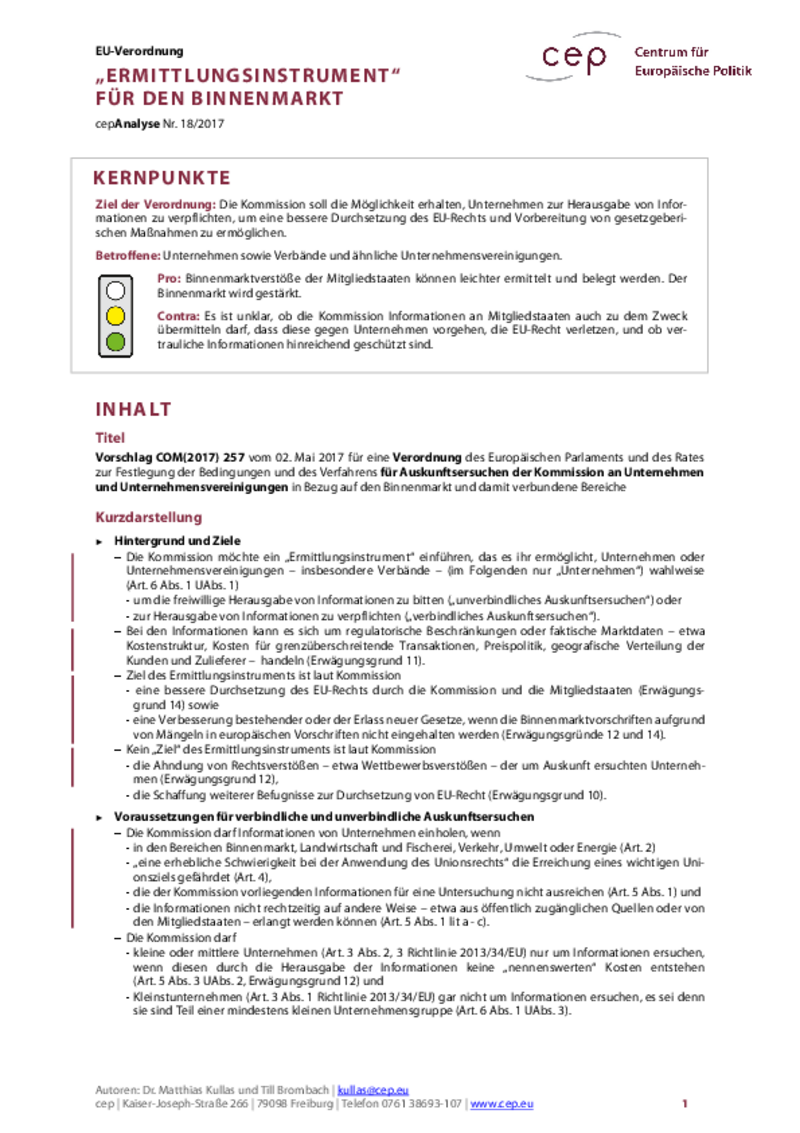 "Ermittlungsinstrument" für den Binnenmarkt COM(2017) 257