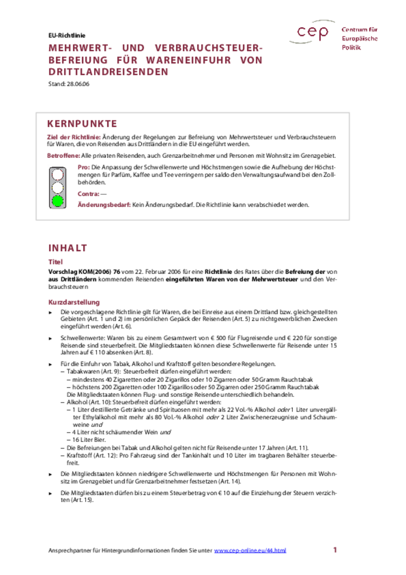 Steuerbefreiungen bei Einreisen in die EU KOM(2006) 76