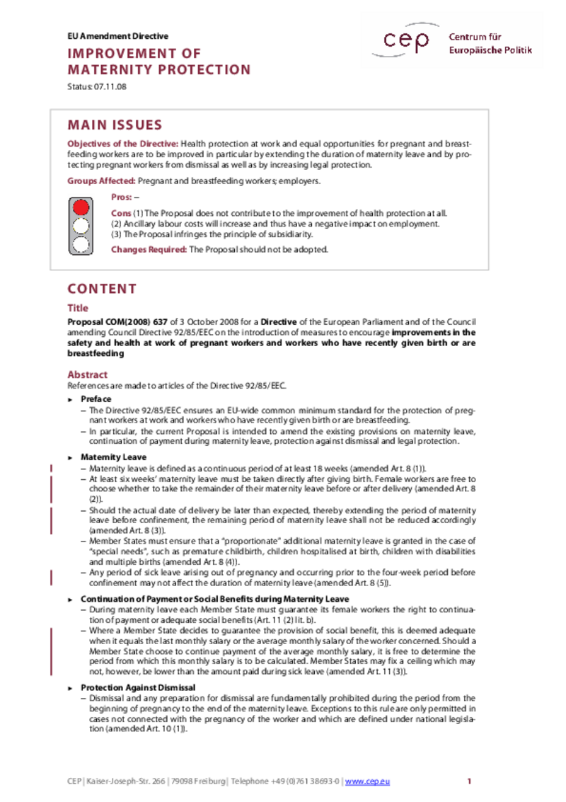 Improvement of Maternity Protection COM(2008) 637