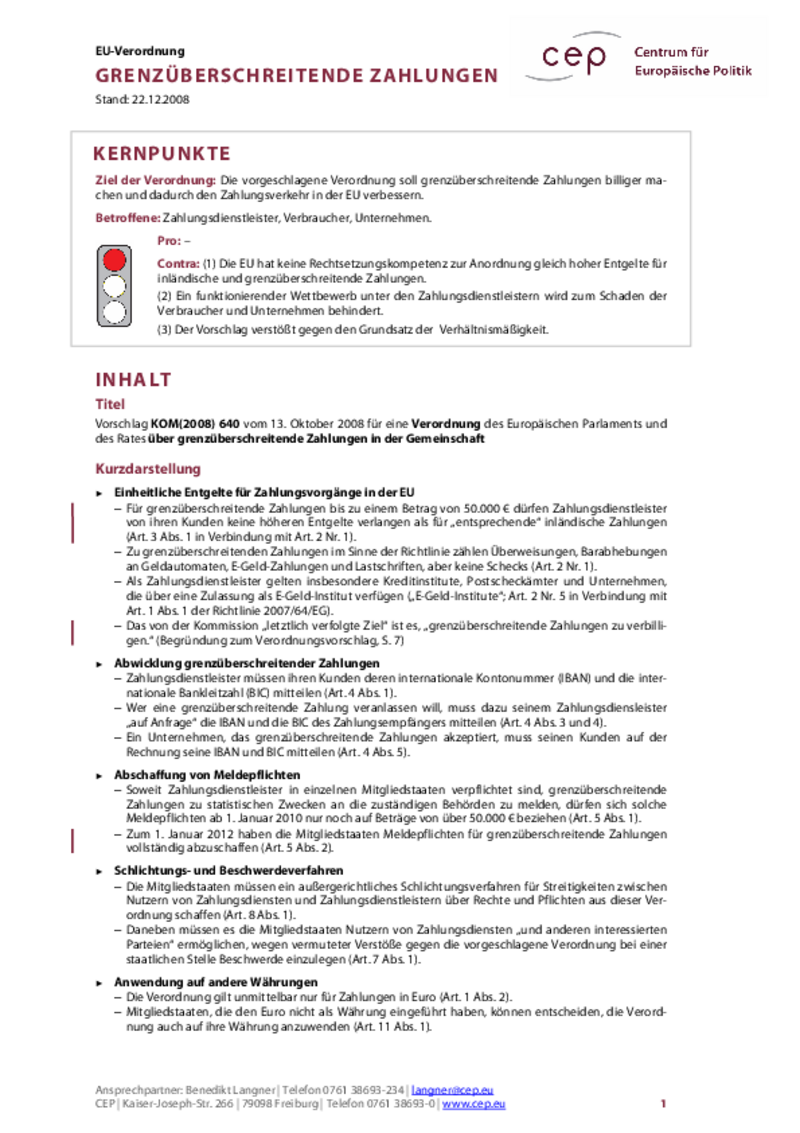 Grenzüberschreitende Zahlungen KOM(2008) 640