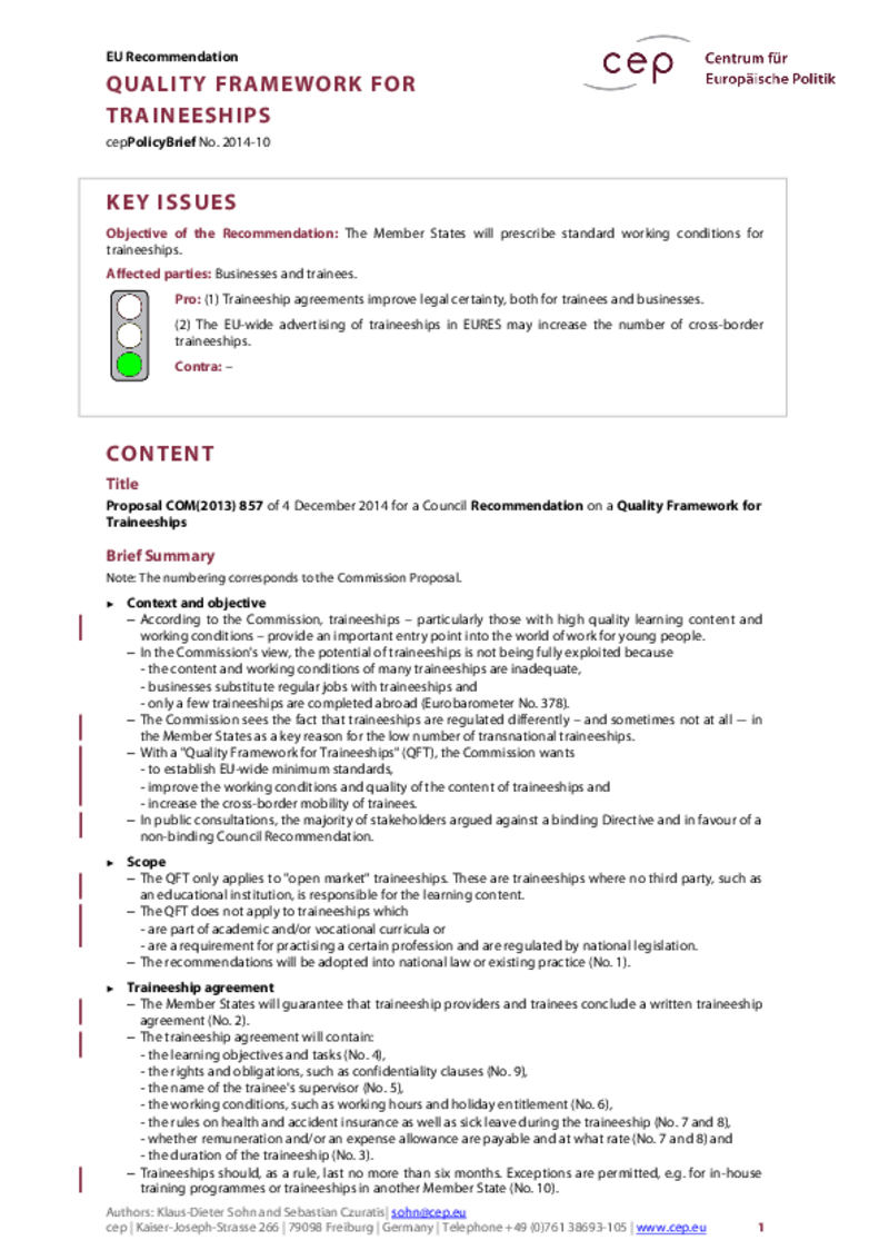 Quality Framework for Traineeships COM(2013) 857
